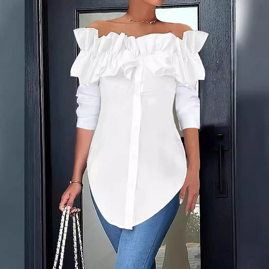 Damen Off-Shoulder Bluse mit Rüschen und Knopfleiste R&B