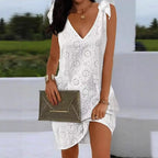 Damen nan romantisches Lochstickerei-Sommerkleid mit V-Ausschnitt und Bindeschultern R&B