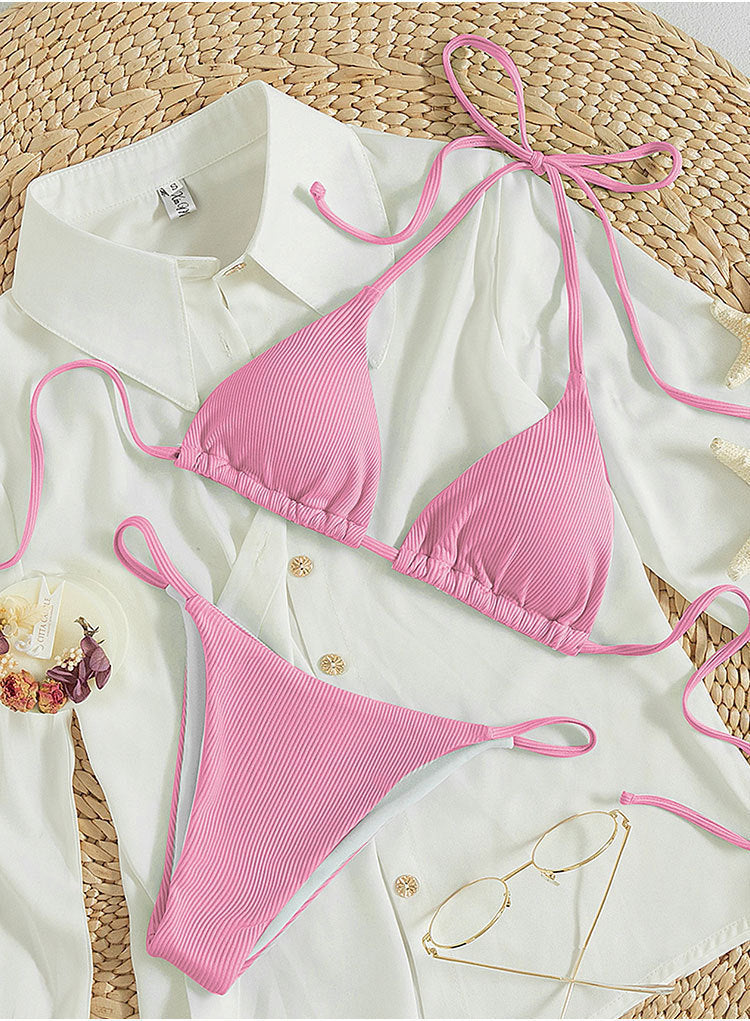 Damen Triangel-Bikini mit feinem Rippstruktur und verspielten Bindebändern R&B