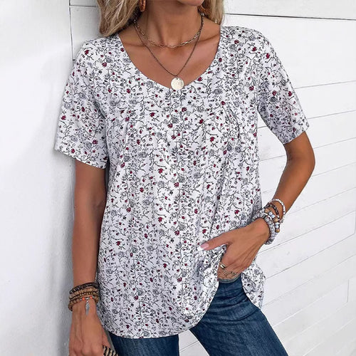 Damen nan locker geschnittene Kurzarmbluse mit V-Ausschnitt, feinem Blumenprint und Kellerfalte R&B