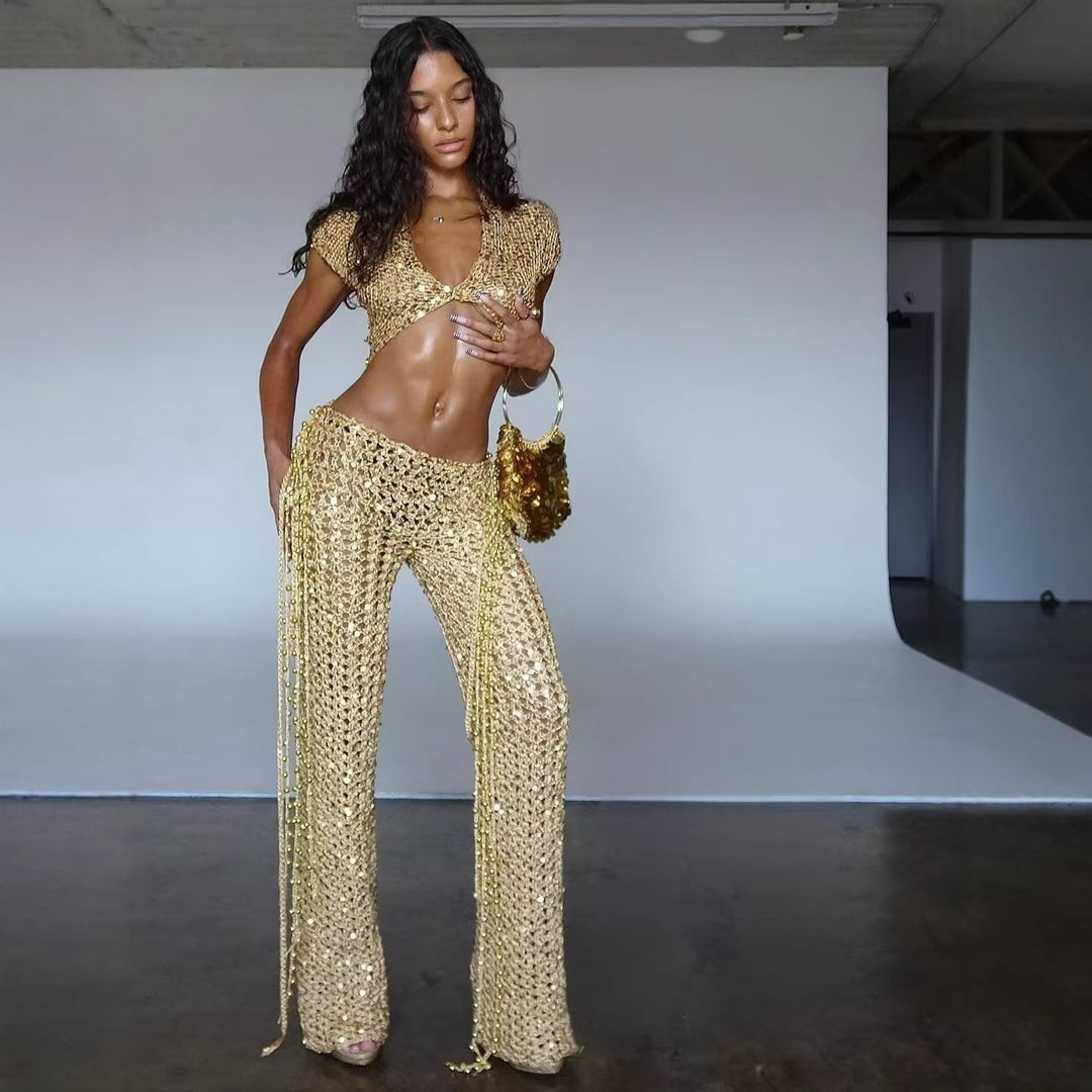 Damen Glitzerndes Festival-Outfit mit kurzem Rock und Bandeau-Oberteil R&B