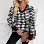 Damen nan V-Ausschnitt Strickpullover mit Hahnentrittmuster und gerippten Bündchen R&B