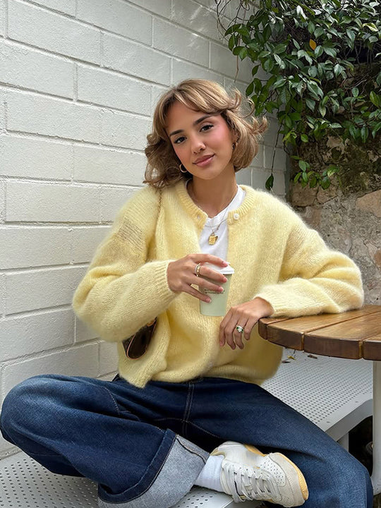 Damen weicher Strickcardigan mit großen Puffärmeln R&B