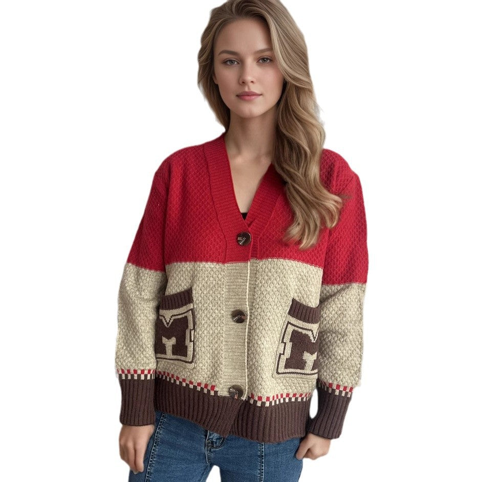 Damen Strickjacke mit dekorativen Taschen und modernem Farbblockdesign R&B
