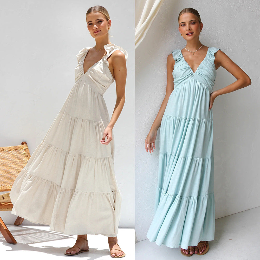 Damen Maxikleid mit verspielten Rüschendetails und fließendem Schnitt R&B