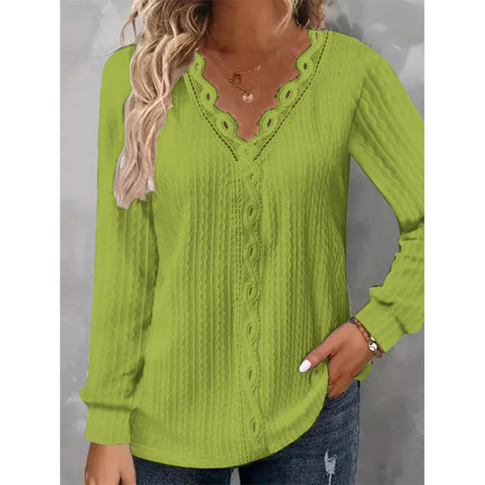 Damen Langarm Bluse mit eleganten Spitzenakzenten und strukturiertem Design R&B