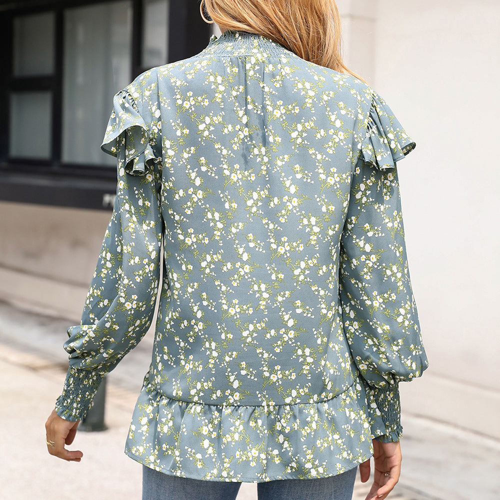 Damen elegante Bluse mit Rüschendetail und hohem Kragen R&B
