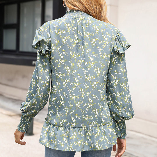 Damen elegante Bluse mit Rüschendetail und hohem Kragen R&B
