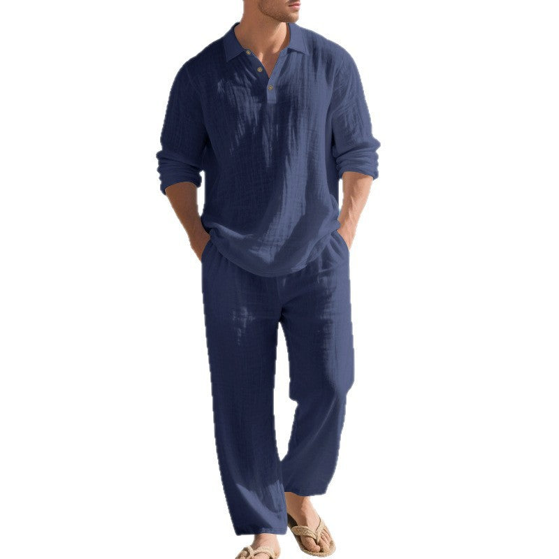 Herren nan leichtes Leinen-Ensemble mit Polokragen und elastischer Bundhose R&B