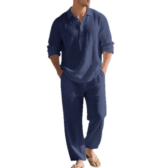 Herren nan leichtes Leinen-Ensemble mit Polokragen und elastischer Bundhose R&B