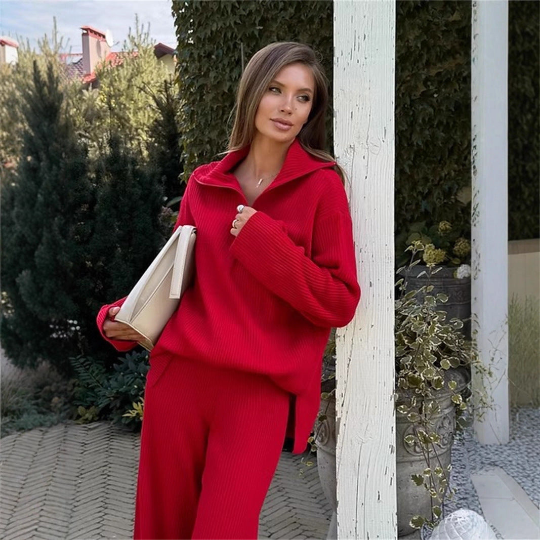 Damen gemütliches Strick-Loungewear-Set mit Kapuze und weitem Bein R&B