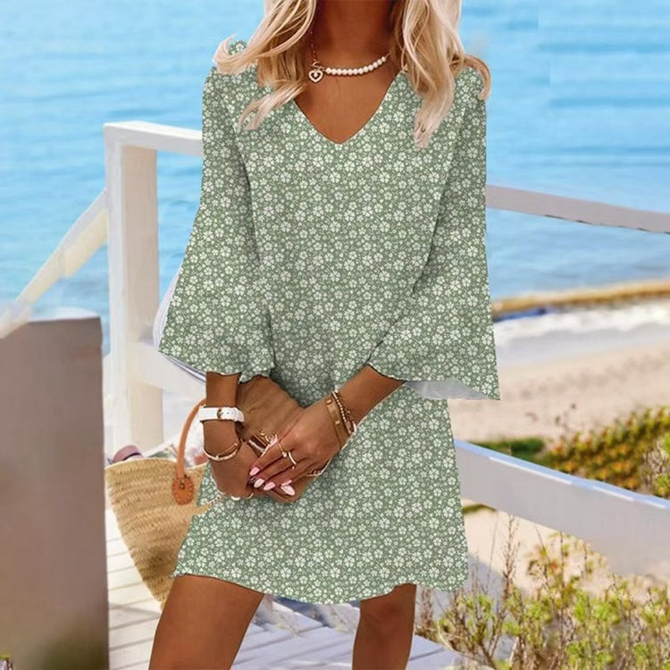 Damen nan leichtes florales V-Ausschnitt Minikleid mit Glockenärmeln und A-Linien-Schnitt R&B