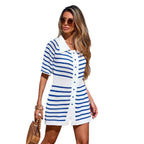 Damen modischer Strandkleid mit gestreiftem Design und kragen R&B