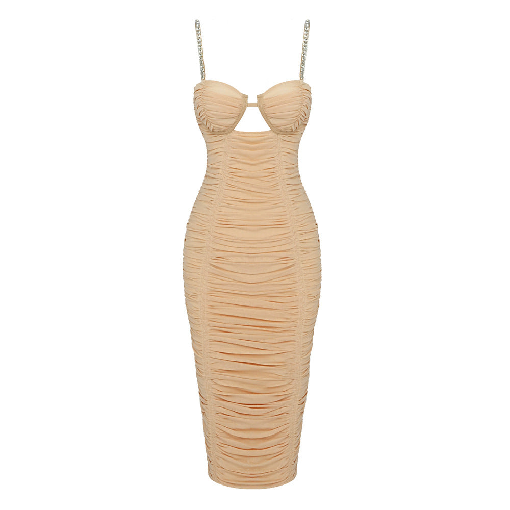 Damen figurbetontes Wickelkleid mit Raffungen und funkelnden Trägern R&B