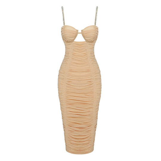Damen figurbetontes Wickelkleid mit Raffungen und funkelnden Trägern R&B