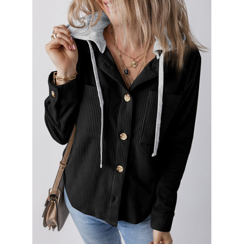 Damen lässige Hemdjacket mit Kapuze und seitlichen Taschen R&B