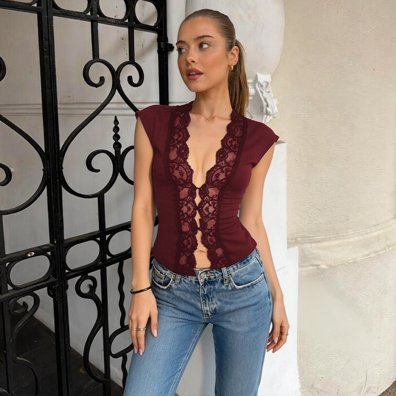 Damen Spitzenbody mit tiefem V-Ausschnitt und eleganten kurzen Ärmeln R&B