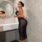Damen Transparente Bodycon Maxikleid mit tiefem Ausschnitt und verspielten Trägern R&B