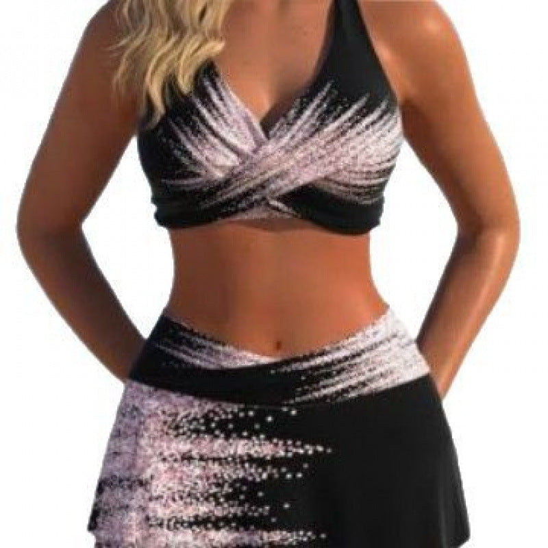 Damen Sport-Bikini-Set mit hochgeschlossenem Oberteil und schwingendem Rock R&B