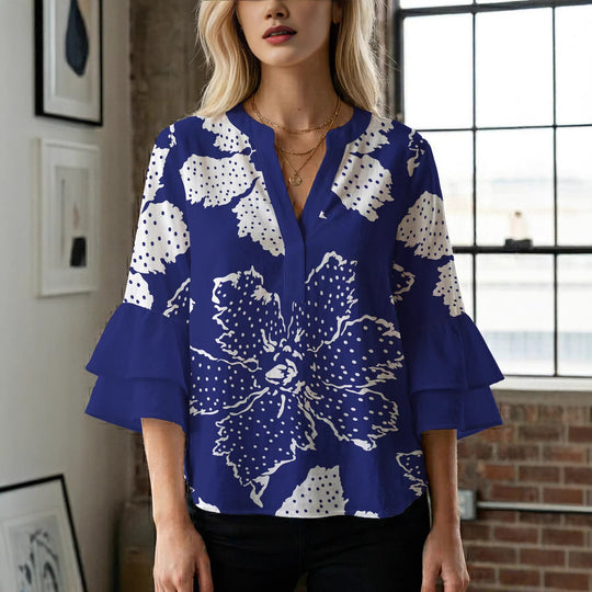 Damen elegantes Blusenshirt mit voluminösen Rüsenärmeln und grafischem Blumendesign R&B