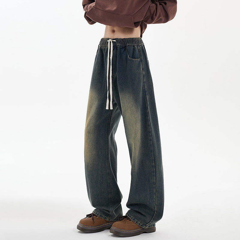 Damen Weite Denim-Hose mit elastischem Bund und regulierbarem Kordelzug