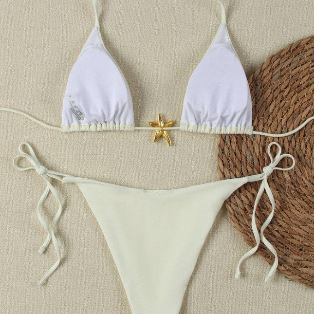 Damen Triangel-Bikini-Set mit verstellbaren Trägern und dekorativem Schmuckelement R&B