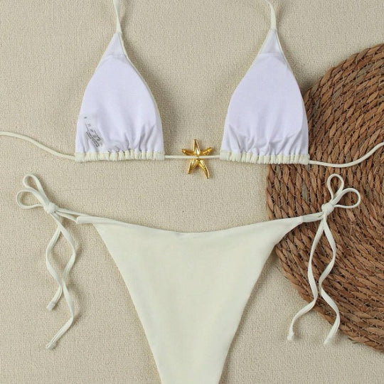 Damen Triangel-Bikini-Set mit verstellbaren Trägern und dekorativem Schmuckelement R&B