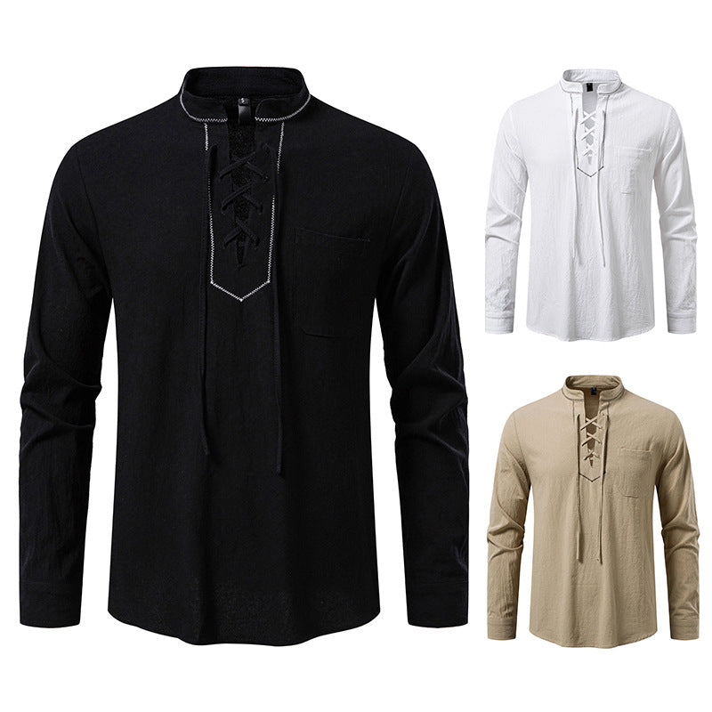 Herren Langarmshirt mit hochwertigem Stehkragen und dekorativer Schnürung R&B
