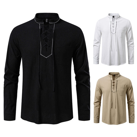 Herren Langarmshirt mit hochwertigem Stehkragen und dekorativer Schnürung R&B