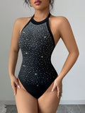 Damen nan Neckholder-Body mit Hochkragen und funkelndem Strassverlauf R&B