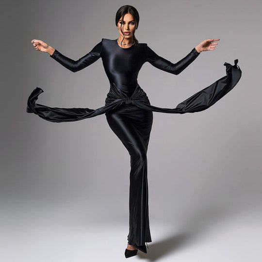Damen Elegantes Longdress mit figurbetontem Schnitt und Schleifenakzent R&B