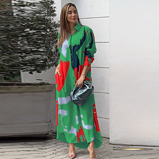 Damen Langarm Hemdkleid im modernen Grafikdesign mit Taschen R&B