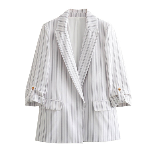 Damen elegante Blazerjacke mit strukturierten Ärmeln und dezenten Goldakzenten R&B