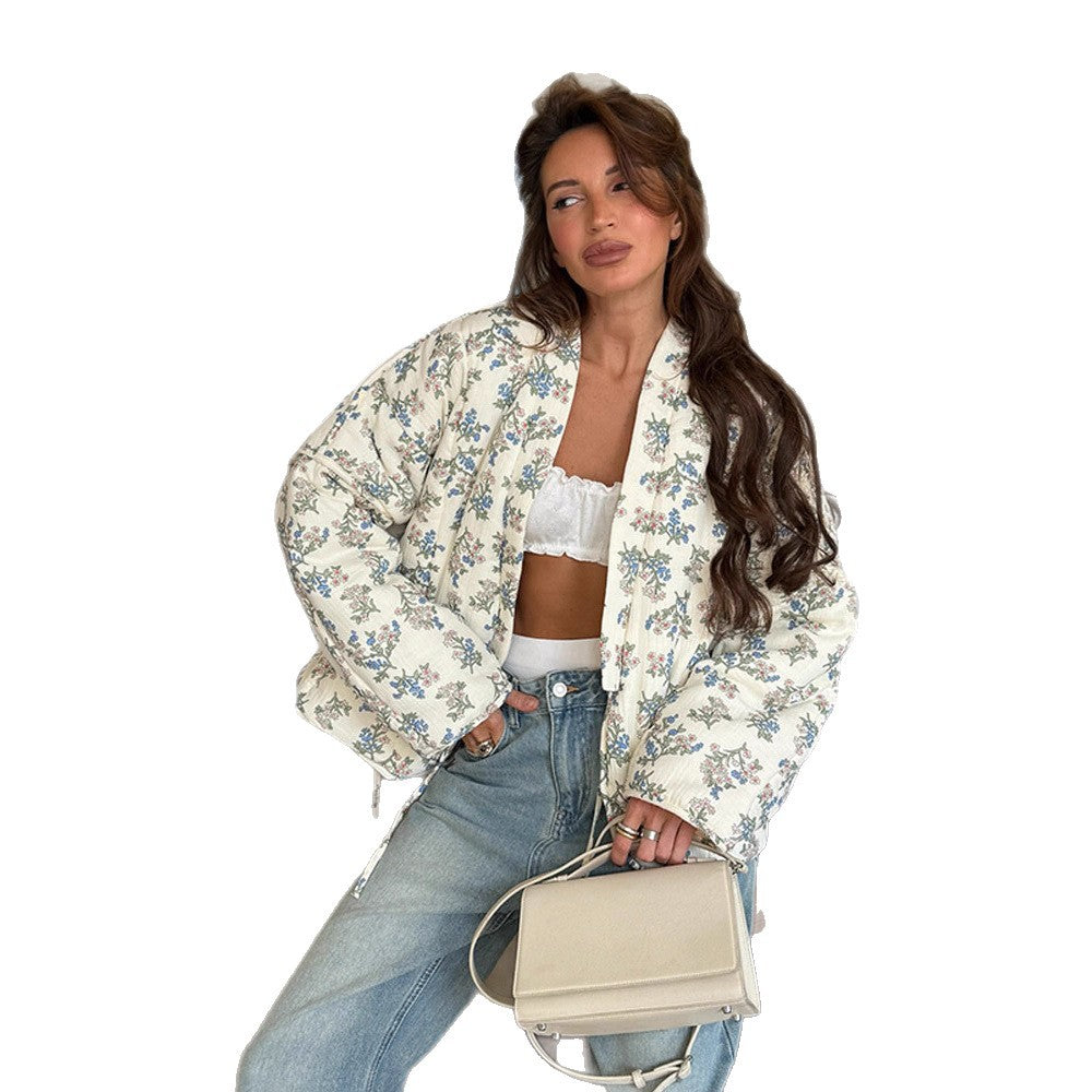 Damen gestepptes Jacquard-Cardigan mit floralem Muster R&B