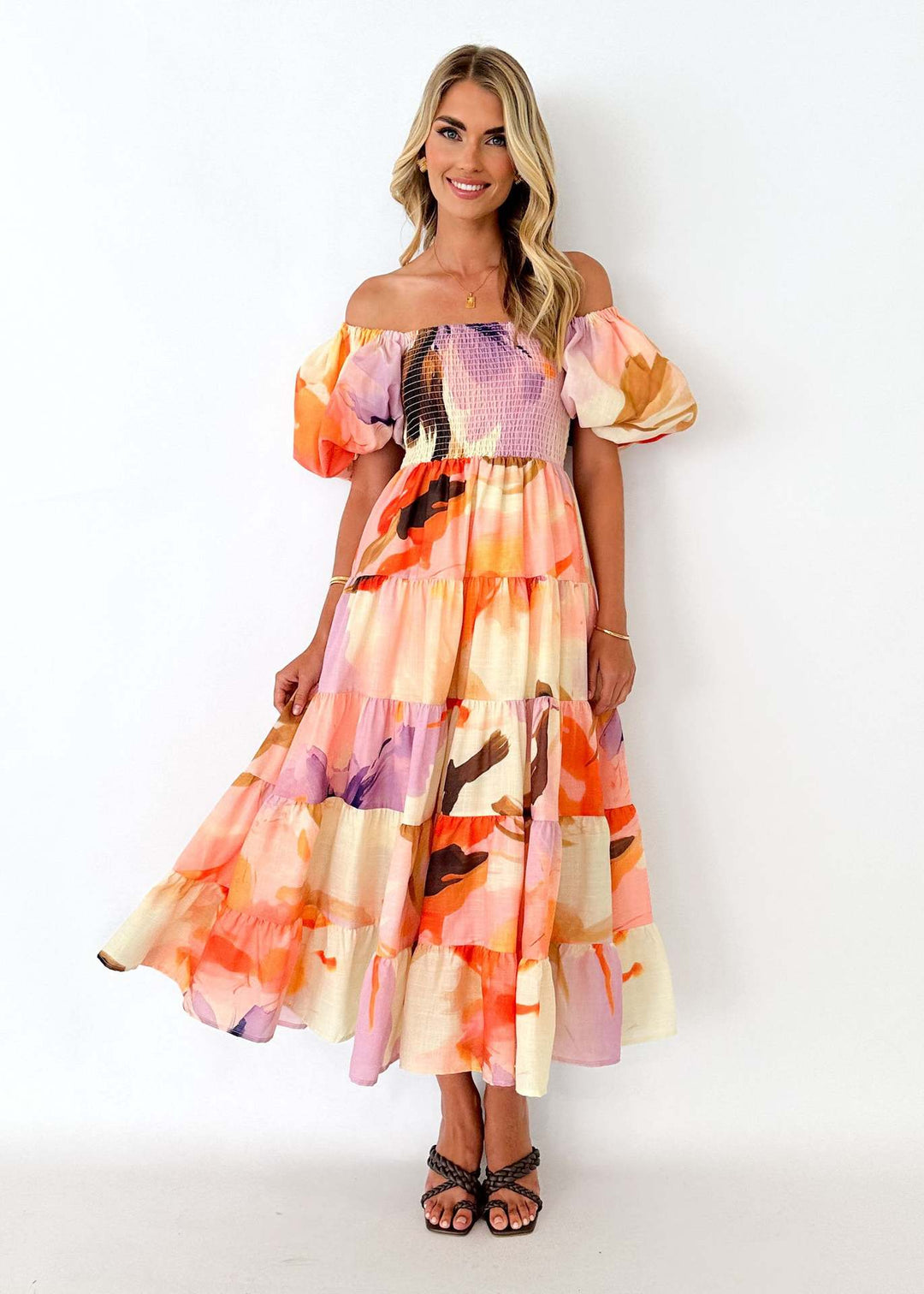 Damen Maxikleid mit Puffärmeln und floralem Smocking R&B