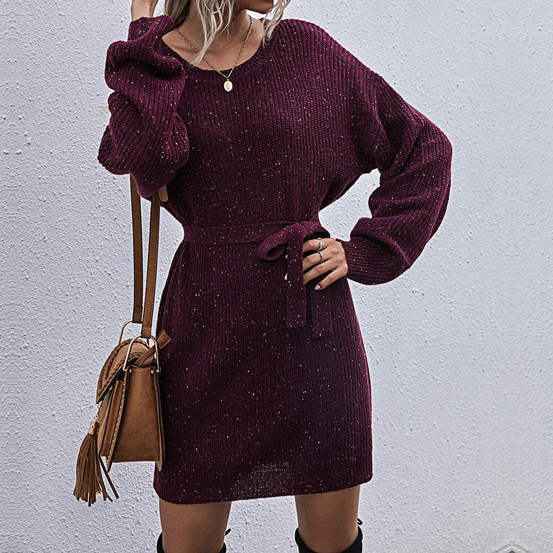 Damen Strickkleid mit lässigem Bindegürtel und langen Ärmeln R&B
