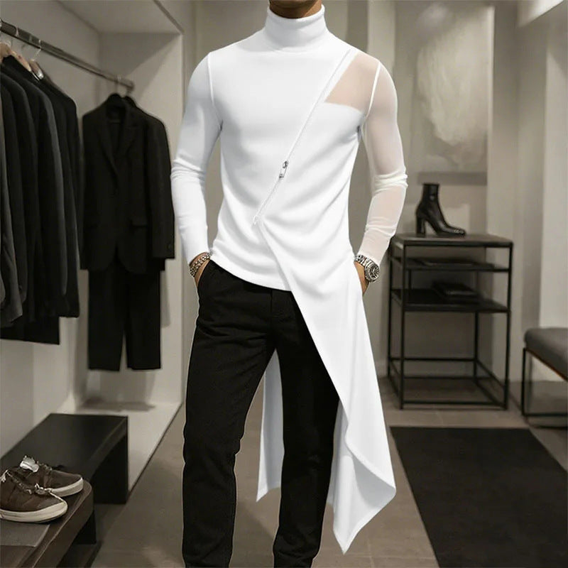 Damen nan avantgardistisches Longshirt mit schrägem Reißverschluss, Stehkragen und unregelmäßigem Zipfelsaum R&B
