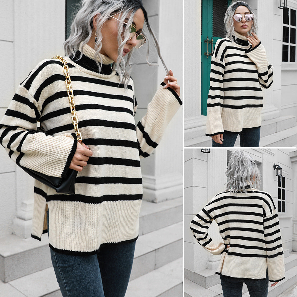Damen Strickpullover mit hohen Bündchen und lässigem Streifenmuster R&B