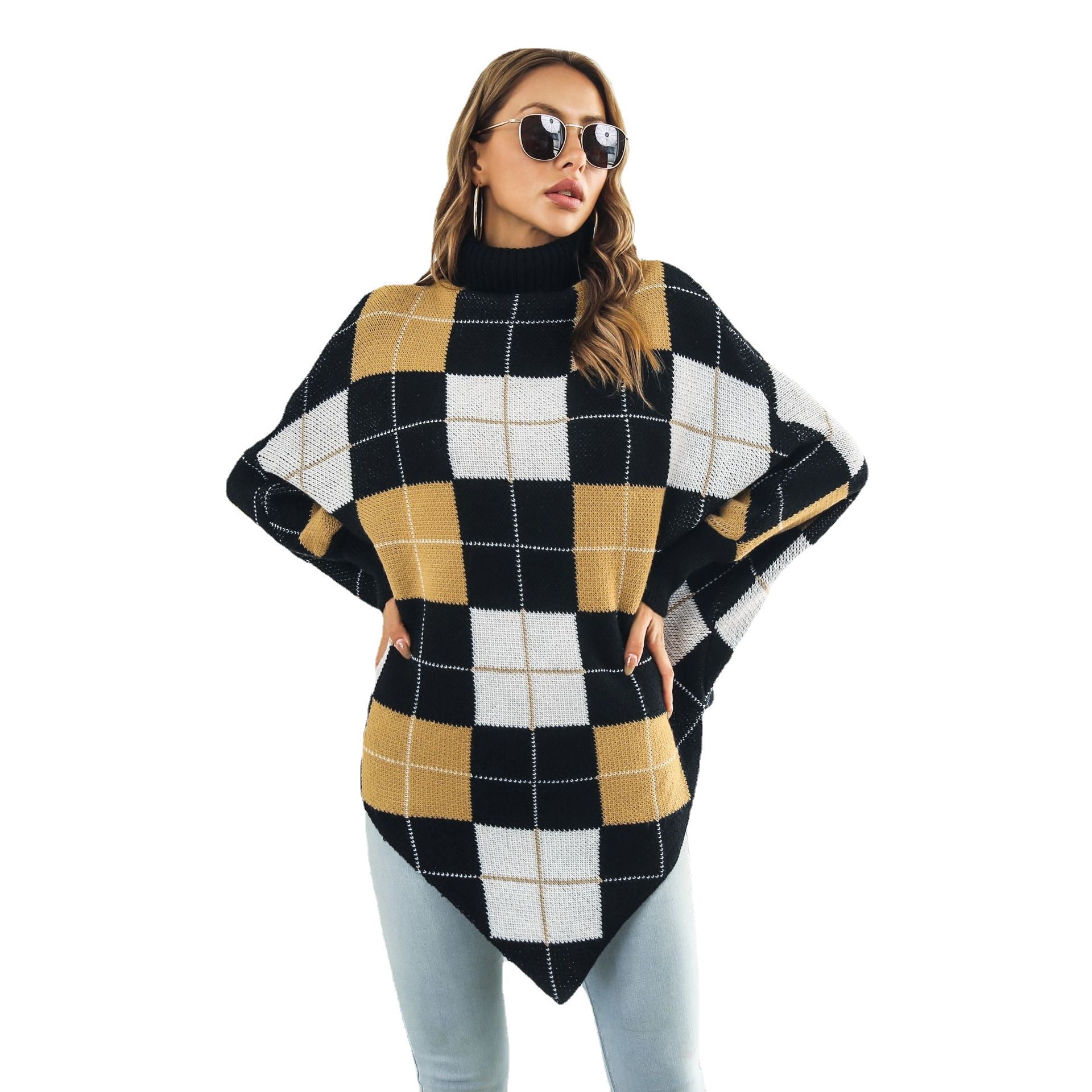 Damen Oversized Strickpullover mit asymmetrischem Saum und hohem Kragen R&B