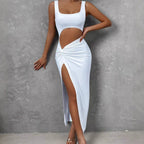 Damen Figurbetontes Cut-Out Maxikleid mit hohem Schlitz und Rüschendetail R&B