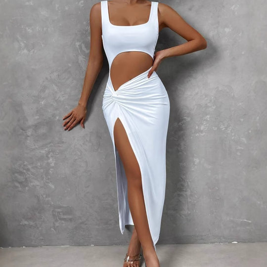 Damen Figurbetontes Cut-Out Maxikleid mit hohem Schlitz und Rüschendetail R&B
