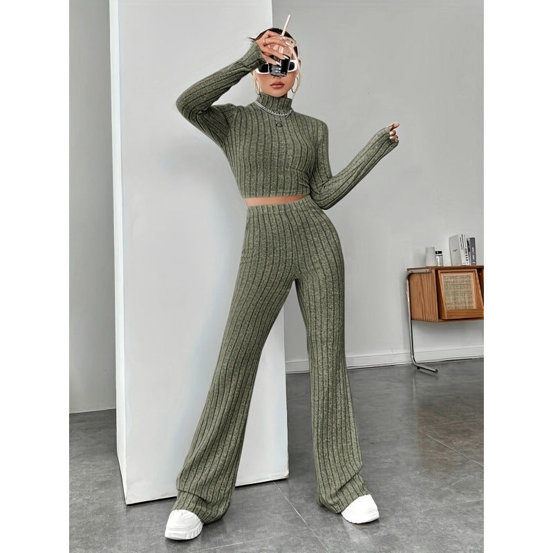 Damen Zweiteiliges Set mit hochgeschlossenem Pullover und ausgestellter Hose R&B