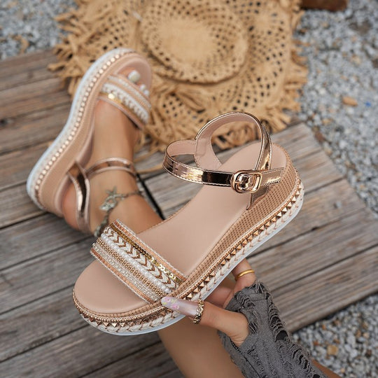 Damen Riemensandalen mit modischer Schmuckverzierung und Plateau-Rand R&B