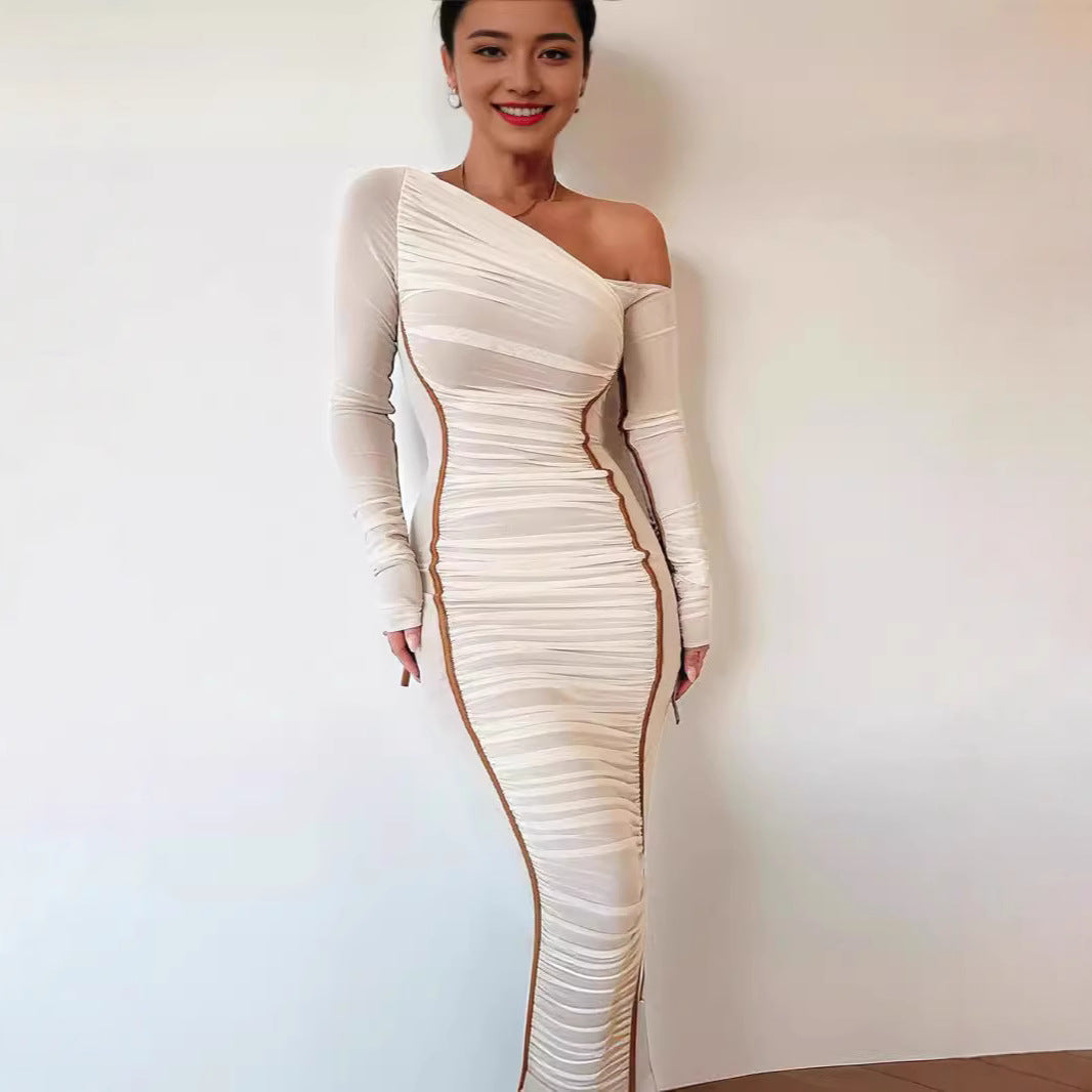 Damen Langarm-Midi-Kleid mit asymmetrischem Schnitt und romantischem Rüschendesign R&B