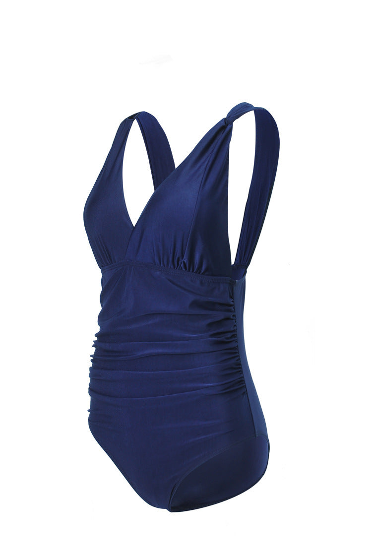 Damen Eleganter Einteiler Badeanzug mit Wickeloptik und Raffung R&B