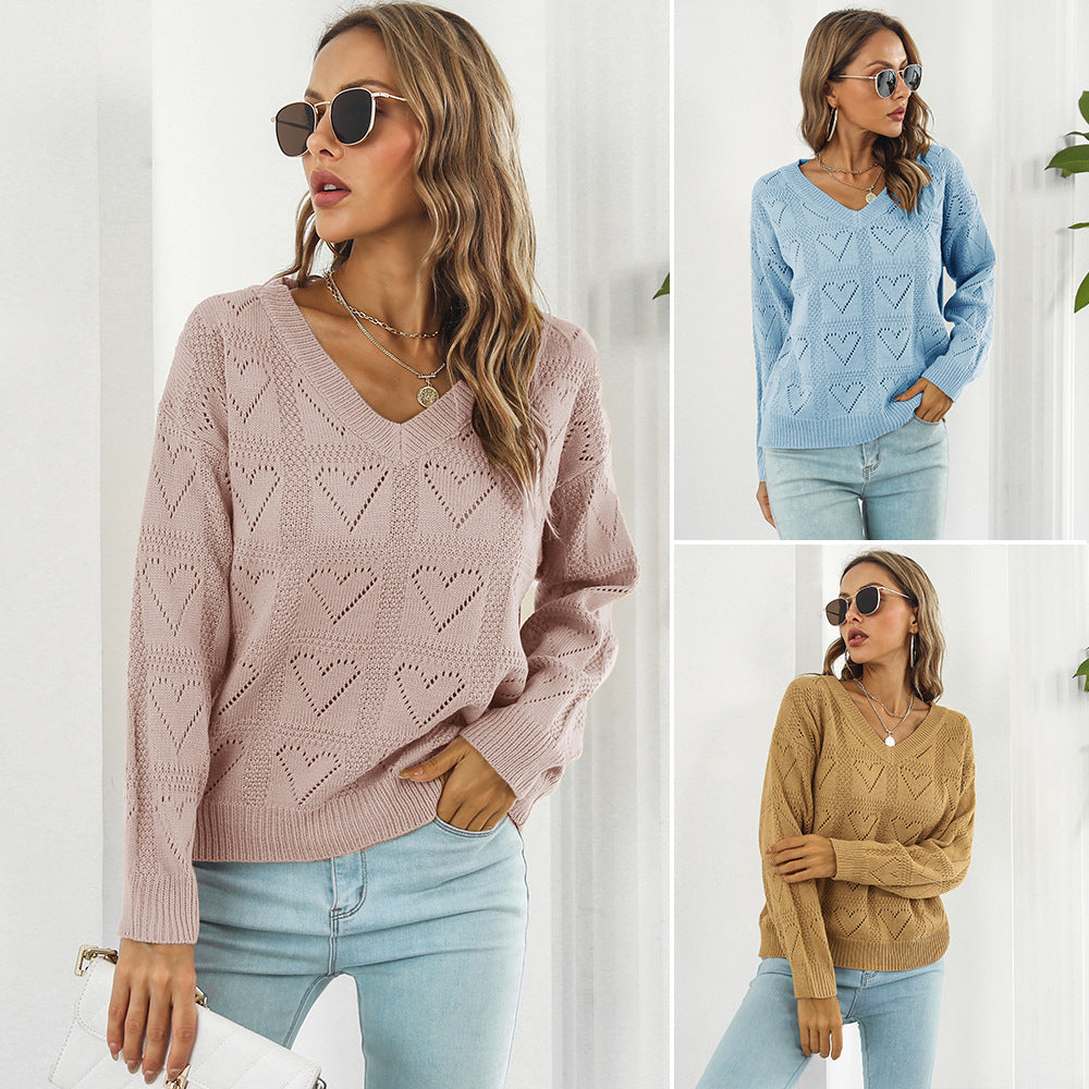 Damen modischer Strickpullover mit Herzmuster und V-Ausschnitt R&B