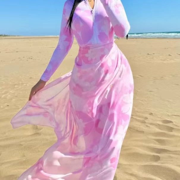 Damen Strandkleid mit Reißverschluss und langen Ärmeln R&B