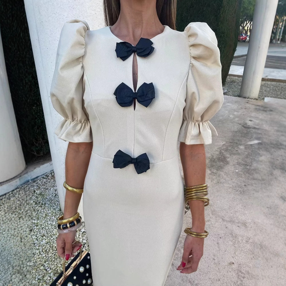 Damen Elegantes Maxikleid mit einzigartigem Schleifendetail und ballonärmeliger Gestaltung R&B