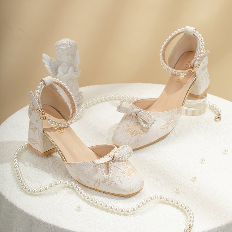 Damen elegante Pumps mit zierlichem Schleifenakzent und perlverziertem Riemen R&B