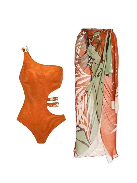 Damen Einteiler Badeanzug mit asymmetrischem Schnitt und floralem Wickelrock R&B